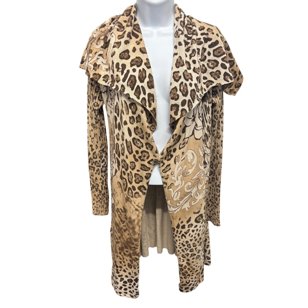 Alberto Makali Leopard Print Draped Shawl Collar Cardigan Cashmere Blend Size M